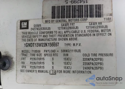 2002 Chevrolet Blazer Ls from USA, damaged, VIN 1GNDT13W22K156697